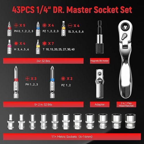 1/4" Socket Set, 43pcs Mini Ratchet Set, Metric Socket Wrench Set with S2 Bits, Small Ratchet, Compact Mechanic Tool Set for Car, Home & DIY Repairs(43pcs)