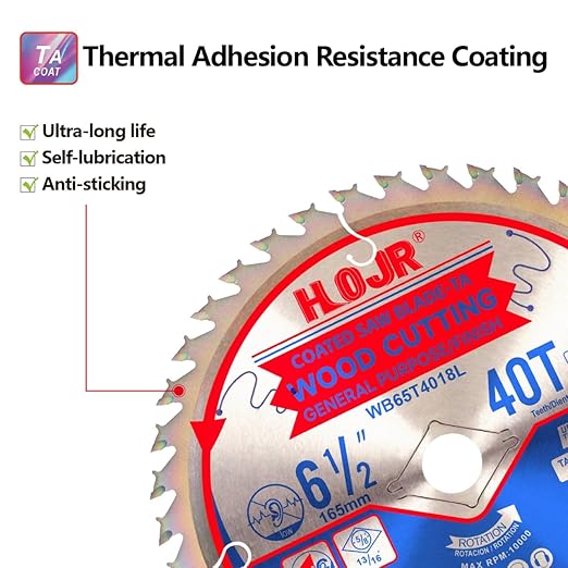 Circular Saw Blade Woodworking TA Series, 6-1/2" 40-Tooth, Arbor 5/8" with Diamond Knock-Out, Fine Finish Wood Cutting,Special Anti-Thermal Adhesion Coating on Cutting Head -TA, 6-1/2" 40T TA