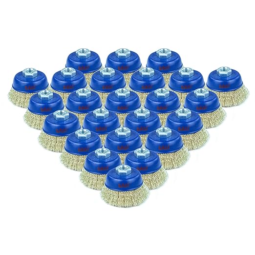 SALI 24 Pack Wire Cup Brush, 3 Inch Coarse Crimped Cup Brush for Grinders, with 5/8-11 Inch Arbor for Heavy Cleaning Rust, Stripping and Abrasive, for Angle Grinder