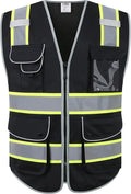 JKSafety 9 Pockets Hi-Vis Black Color Zipper Front Safety Vest Fluorescent Yellow Strips outlining the Reflective Tapes ANSI/ISEA Class 1 (901-Black, XX-Large)