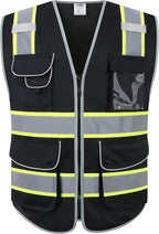 JKSafety 9 Pockets Hi-Vis Black Color Zipper Front Safety Vest Fluorescent Yellow Strips outlining the Reflective Tapes ANSI/ISEA Class 1 (901-Black, 4X-Large)