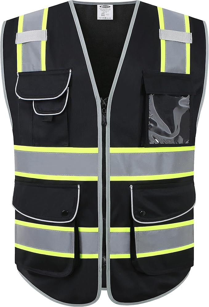 JKSafety 9 Pockets Hi-Vis Black Color Zipper Front Safety Vest Fluorescent Yellow Strips outlining the Reflective Tapes ANSI/ISEA Class 1 (901-Black, Medium)