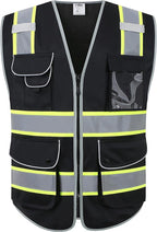 JKSafety 9 Pockets Hi-Vis Black Color Zipper Front Safety Vest Fluorescent Yellow Strips outlining the Reflective Tapes ANSI/ISEA Class 1 (901-Black, 5X-Large)