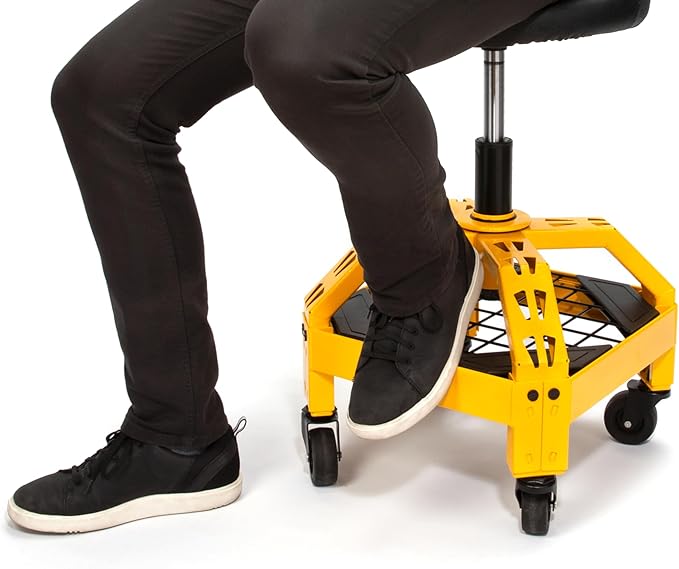 DEWALT Heavy-Duty Metal Rolling Stool for Shop or Garage, Padded 360-degree Swivel Seat, Durable Steel Frame, Adjustable