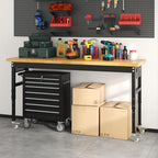 70" Heavy Duty Solid Wood Work Bench with Pegboard, Adjustable Height Workbench with Wheels and Power Outlets, 2000 LBS Capacity Work Table for Garage, Workshop, Office, Home