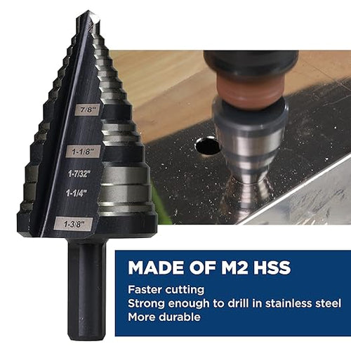 1/4 to 1-3/8 Inches M2 HSS Step Drill Bit for Metal, Plastic, Wood, Aluminum, Heavy Duty Unibit with Multi Hole Sizes