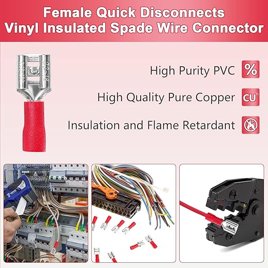 200 Pcs Red Female Quick disconnects Vinyl Insulated Spade Wire Connectors, Electrical Crimp Terminal 22-16 AWG (6.3mm)