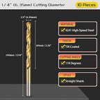 Drill Bit, 1/4" Cutting Diameter (6.35mm), 4241 HSS TiN Coated 118° Cutting Angle Versatile Jobber Bits - (Applications: for Drilling Plastic Wood Soft Thin Metal), 10-Pieces