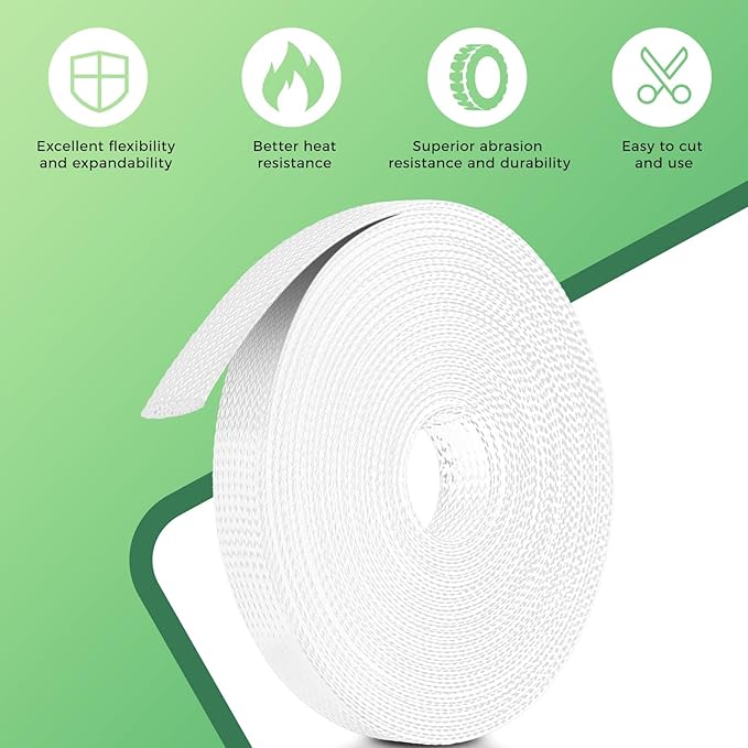 132 ft Expandable Braided Cable Sleeve Wire Loom PET Wire Sleeving，Wrap Management Mesh for Audio Video and Other Home Device Cable Automotive Wire - (1/2 Inch, 1/4 Inch, 2/5 Inch,3/4 Inch,White)