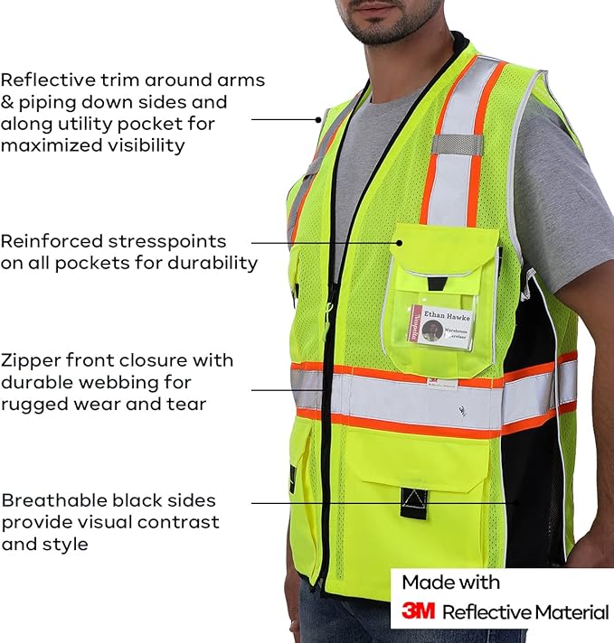 Neopelta Reflective Safety Vest Yellow Mesh, Made with 3M Reflective Tape, Heavy Duty Vest with ID pocket, Padded Neck, Yellow S