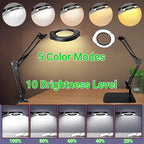 15X Magnifying Glass with Light and Stand, 5 Color Modes 10 Levels Adjustable Brightness, 2-in-1 Desk Lamp with Clamp, Hands Free LED Light Magnifier for Craft Hobby Reading Repair Close Works
