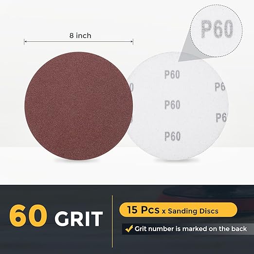 HARFINGTON 15 Pcs 8 Inch Sanding Disc 60 Grit Hook and Loop Sandpaper Random Orbital Sander Pads for Woodworking Automotive Metal Polishing