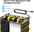 JUNNUJ Large Power Tool Organizer Cart with Charging Station, Garage Floor Standing Rolling Drill and Tools Battery Storage Cart on Wheels, Heavy Duty Rack Shelf with 8 Outlet Power Strip, Yellow