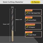 Drill Bit, 6mm Cutting Diameter, 4341 HSS Gold and Black 118° Cutting Angle Number Jobber Bits - (Applications: for Drilling Soft Metal Plastic Wood), 5-Pieces