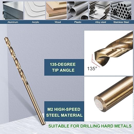 METALLIXITY Drill Bit (#49) 12Pcs, M2 High-Speed Steel Micro Number Bits Spiral Flute 135°Point Tip Gold Finish for Stainless Steel Iron Copper Aluminum Hard Metal