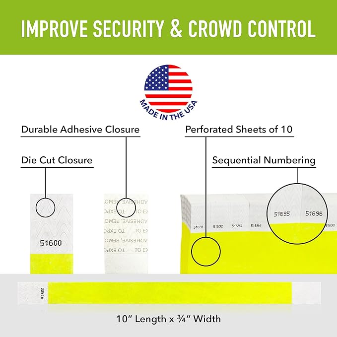 10,000 WristCo Neon Yellow Tyvek Wristbands for Events - Tamper-Proof Design & Fluorescent Color Prevent Reuse Premium-Grade Bracelets for Hospital & Medical ID, Party & VIP Identification