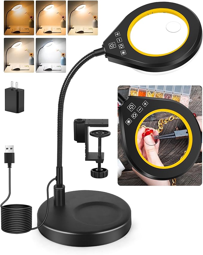 Flexible Gooseneck 2-in-1 Magnifying Glass with Light and Stand,10x & 5x Real Glass Lens Magnifying Lamp, 5 Color Stepless Hands-Free LED Desk Lamp with Clamp for Painting, Crafts, Reading (Yellow)