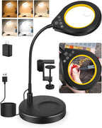 Flexible Gooseneck 2-in-1 Magnifying Glass with Light and Stand,10x & 5x Real Glass Lens Magnifying Lamp, 5 Color Stepless Hands-Free LED Desk Lamp with Clamp for Painting, Crafts, Reading (Yellow)