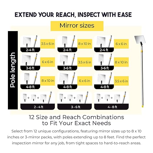Inspection Mirror Telescoping Pole, Lightweight & Durable, 3 ft - 6 ft Pole, 6 x 6 inch Acrylic Mirror