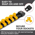 ALOANES 9 PC ABS Socket Organizer, 1/2 inch, 3/8 inch and 1/4 inch Drive Socket Rail Holders, Heavy Duty Socket Racks, Black Rails with Yellow Clips