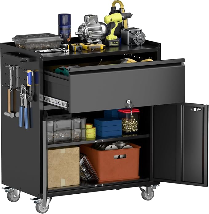 Metal Garage Storage Cabinet with Wheels and Pegboard, 35.4" H Lockable Tool Storage Cabinet with One Drawer, Adjustable Shelf and 4 Hooks for Garage, Warehouse, Black