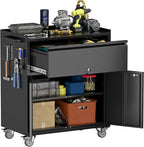 Metal Garage Storage Cabinet with Wheels and Pegboard, 35.4" H Lockable Tool Storage Cabinet with One Drawer, Adjustable Shelf and 4 Hooks for Garage, Warehouse, Black