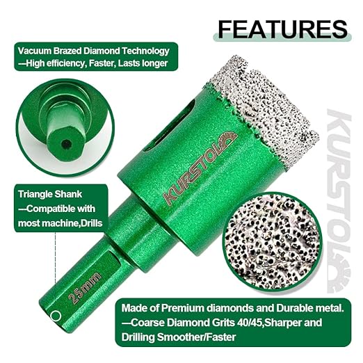Diamond Core Drill Bit Kit - Dia 6/8/10/12/14/20/25/28/32/35/38mm Triangle Shank Vacuum Brazed Tile Hole Saws for Dry Drilling Porcelain Ceramic Tile Granite Marble Stone