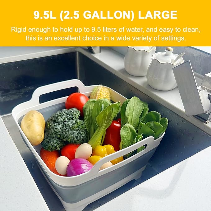 Collapsible Dish Basin & Sink Tub with Drain Plug – 2.4 Gal Baby Bottle Wash Basin, Bottle Washing Bin for RV, Camping, Kitchen | Collapsible Water & Bottle Basin (Grey)
