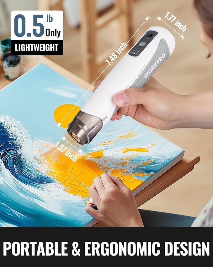 WORKPRO 7.2V Mini Cordless Heat Gun, 680℉ Hot Air Gun with Reflector Nozzle, 3 Temp Settings - Cool Air, 302℉(150℃)/680℉(360℃), Fully Ceramic Heating Core for Craft Embossing
