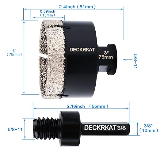 Diamond Hole Saw, 3" Hole Saw for Tiles Granite Marble Ceramic Glass Porcelain, 75mm Core Drill Bit with 5/8-11 Thread and 3/8” Hex Shank Adapter for Angle Grinders & Drills