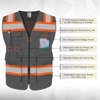 TCCFCCT High Visibility Vest 5 Pockets Mesh Reflective Safety Vest for Men Women, Hi Vis Work Vest with Reinforced Zipper and Fluorescent Orange Edge, Durable to Use, Meets ANSI/ISEA, DW-Grey, 2XL
