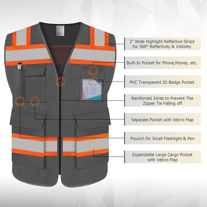 TCCFCCT Reflective Safety Vest 5 Pockets Mesh High Visibility Vest for Men Women, Hi Vis Construction Work Vest with Fluorescent Orange Edge, Durable with Reinforced Sewing, Meet ANSI/ISEA, DW-Grey, S