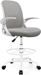 Drafting Chair Tall Office Chair with Flip-up Armrests, Adjustable Height, and Enhanced Lumbar Support - Ergonomic Rolling Stool, Back Support, and Adjustable Foot Rest Ring for Standing Desk Gray