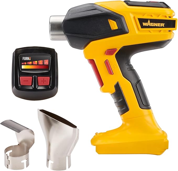 Wagner SprayTech 2467225 FURNO 550 18V Variable Temp Cordless Crafts, Wire Shrinking, Defrosting Pipes, with 2 Nozzles – Bare Tool Heat Gun, Yellow