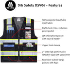 Dib Safety Reflective Mesh Vest High Visibility Two Tone with Pockets and Zipper, Black Mesh with Yellow Trim S