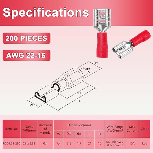 200 Pcs Red Female Quick disconnects Vinyl Insulated Spade Wire Connectors, Electrical Crimp Terminal 22-16 AWG (6.3mm)