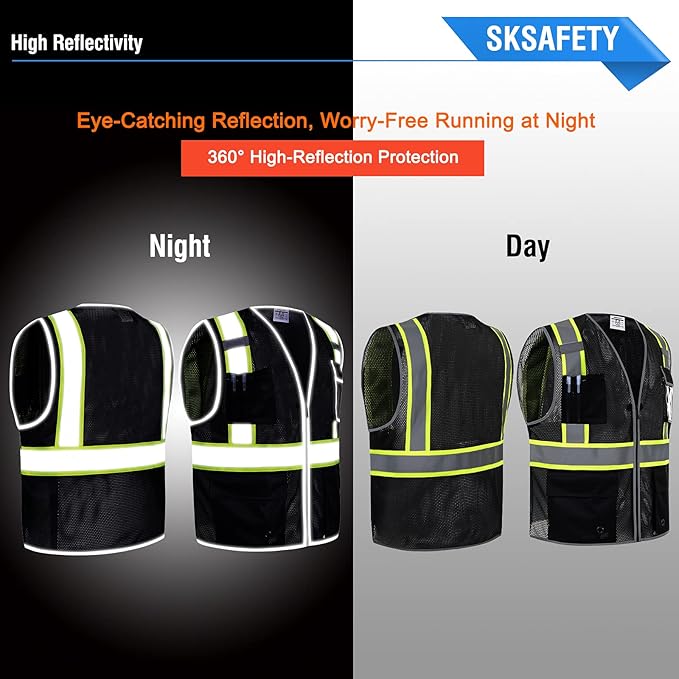 SKSAFETY 10 Pockets Safety Vest, Class 2 High Visibility Security with Zipper Double-sided mesh, Hi Vis Vest with Reflective Strips, ANSI/ISEA Standard, Construction Work Vest （Black, 3XL）
