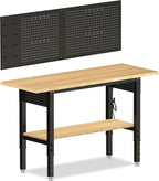 Adjustable Height Work Bench 60×22 Workbench for Garage with Under Table Shelf Heavy Duty Rubber Wood Work Table for Shop Woodworking, Office, Home, Commercial