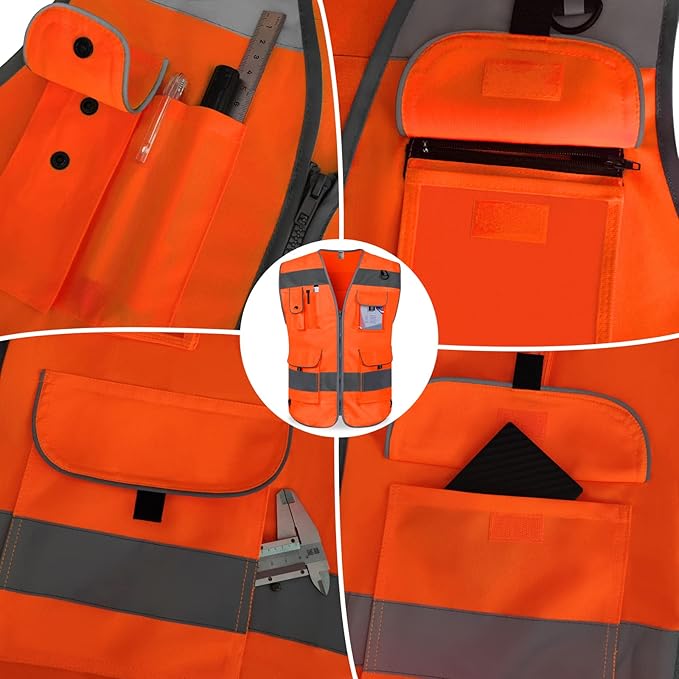 TCCFCCT Safety Vest for Men Women 9 Pockets High Visibility Reflective Vest for Safety, Work Vest with Reflective Strips, Meets ANSI/ISEA Standards, (Orange, X-Large)