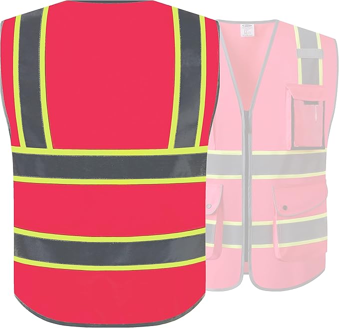 JKSafety 9 Pockets High Visibility Zipper Front Safety Vest | Pink with Dual Tone High Reflective Strips | Meets ANSI/ISEA Standards (901-Pink, XX-Large)