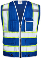 SKSAFETY 10 Pockets Safety Vest, Class 2 High Visibility Security with Zipper, Hi Vis Vest with Reflective Strips, ANSI/ISEA Standard, Construction Work Vest for Men ＆ Women （Blue, 3XL）