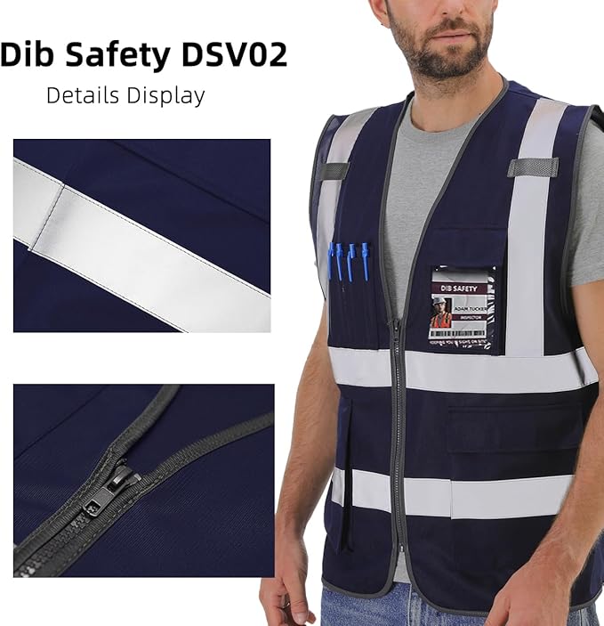 Dib Safety Reflective Vest High Visibility with Pockets and Zipper, Navy M