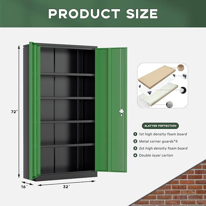Greenvelly Metal Garage Storage Cabinet, 72" Black Green Tool Steel Locking Cabinet with Doors and 4 Shelves, Tall Cabinets for Garage Storage Systems Lockable File Cabinet for Home Office,Garage