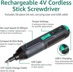 Amazon Basics by SKIL 4V Cordless Stick Screwdriver with 34-Piece Bit Set, Carrying Case, USB Charging, LED Work Light, 3 Torque Settings (Previously Denali Brand)