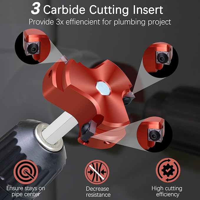 PVC Pipe Reamer 1/2 Inch Head, PVC Fitting Saver with 3 Carbide Insert,Socket Saver Plumbing Tool Plastic Pipe Fitting Reamer for Schedule 40 CPVC ABS Socket Hub,Fit Standard 1/2" Drills