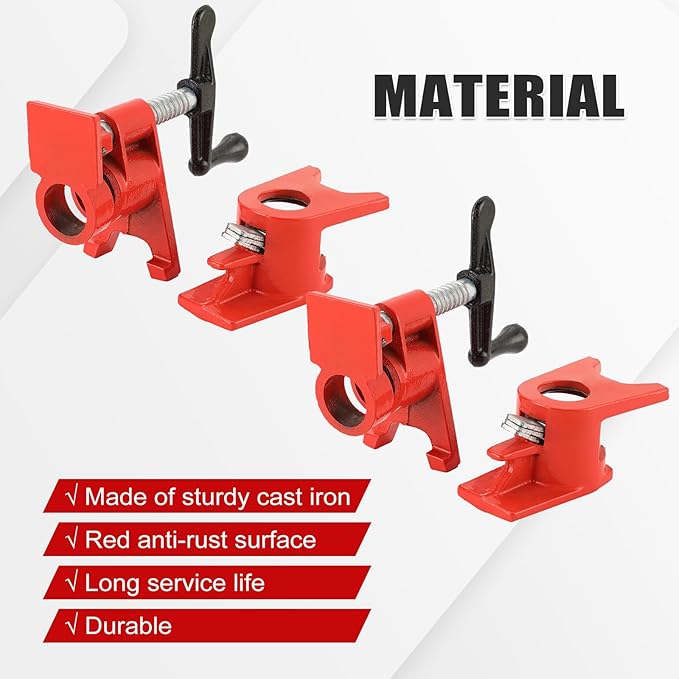 3/4" Wood Gluing Pipe Clamp Set with Unique Foot Design Red Heavy Duty Bar Clamps Cast Iron Quick Release Pipe Clamp Tools for Woodworking (4pc, 3/4" with foot)