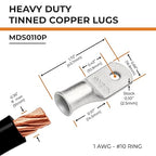 SELTERM 2pcs 1 AWG #10 Stud Tinned Copper Wire Lugs, Battery Lugs, Ring Terminals, Battery Cable Ends, 1 Gauge Ring Terminal Connectors, UL Marine Grade Electrical Battery Terminal Connectors