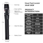 Visual Fault Locator 30km Fiber Optic Cable Tester Meter Red Light VFL with 2.5mm Universal Connector for FC/SC/ST Adapter Pen for CATV Telecommunications Engineering Maintenance