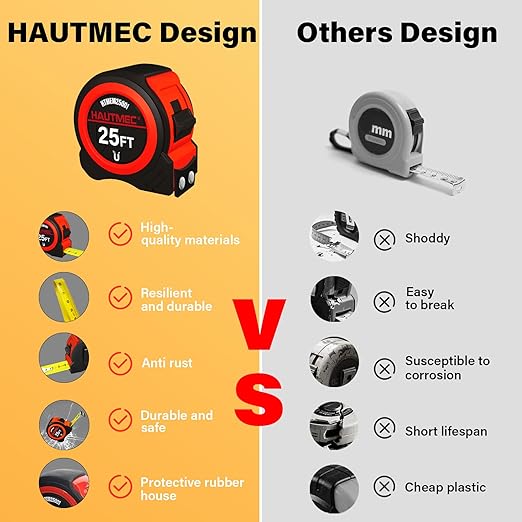 HAUTMEC 25FT Tape Measure 6 Pack Bulk with Magnetic Hook & Fractions - Professional Measuring Tape for Construction, Carpentry, DIY,HTMEM25001