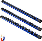 ALOANES 3-Piece Magnetic Socket Organizer, Heavy Duty Aluminum Socket Rails Organizer, 360° Swivel Clips Socket Holder Kit for Tool Box, 1/2, 3/8, 1/4-Inch Socket Holder x 40 Clips (Blue)